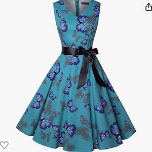 Grace Karin Blue Butterfly Pattern Boatneck Sleeveless Vintage Tea Dress Size M